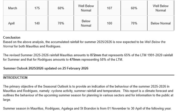 Pluviométrie pour la saison estivale 2025/26  à MAURICE et à RODRIGUES, update le 27/02/26